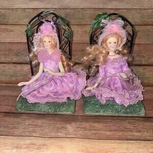 Vintage Victorian Porcelain Doll Bookends Set Lavender‎ Purple Lace Decor 90s
